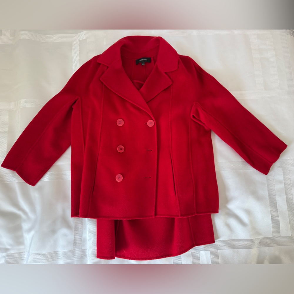 Very Good Condition, Talbots Red Double-Breasted Wool Blazer + Skirt Set